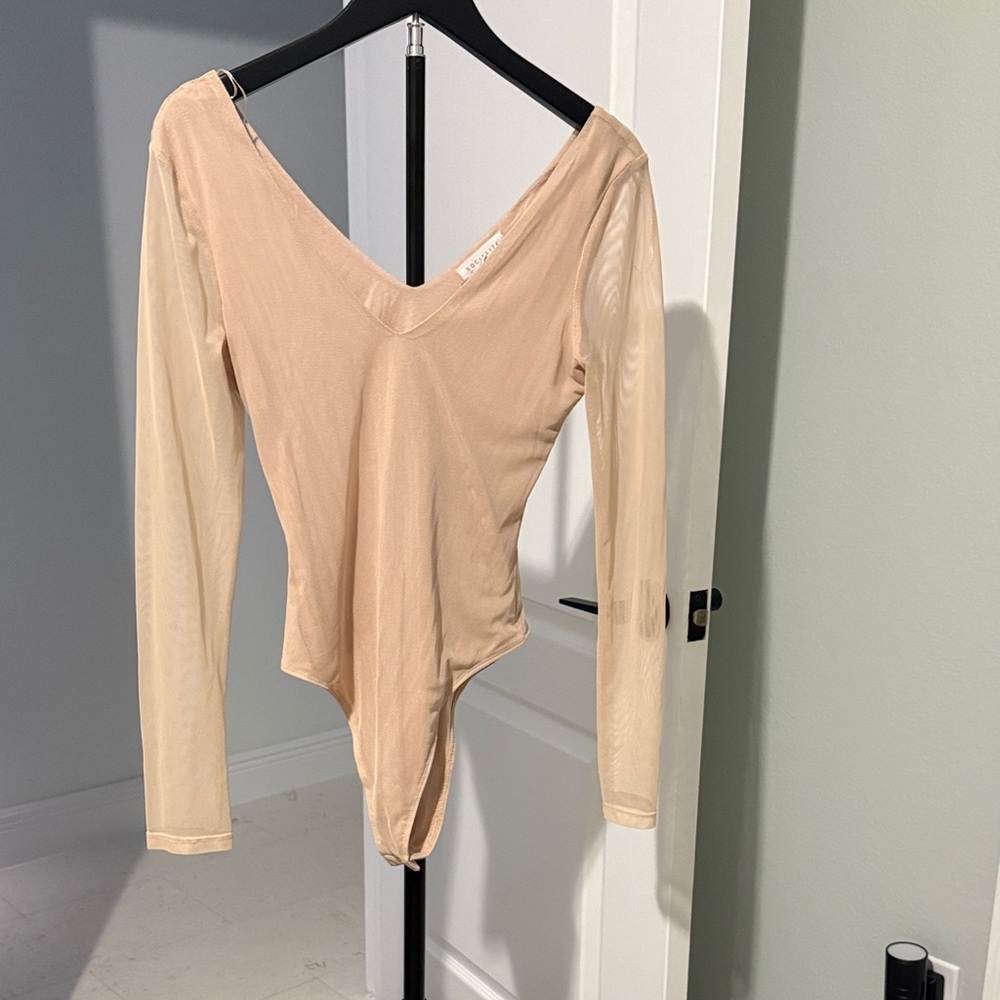 Socialite Sheer Long-Sleeve V-Neck Bodysuit in Nude